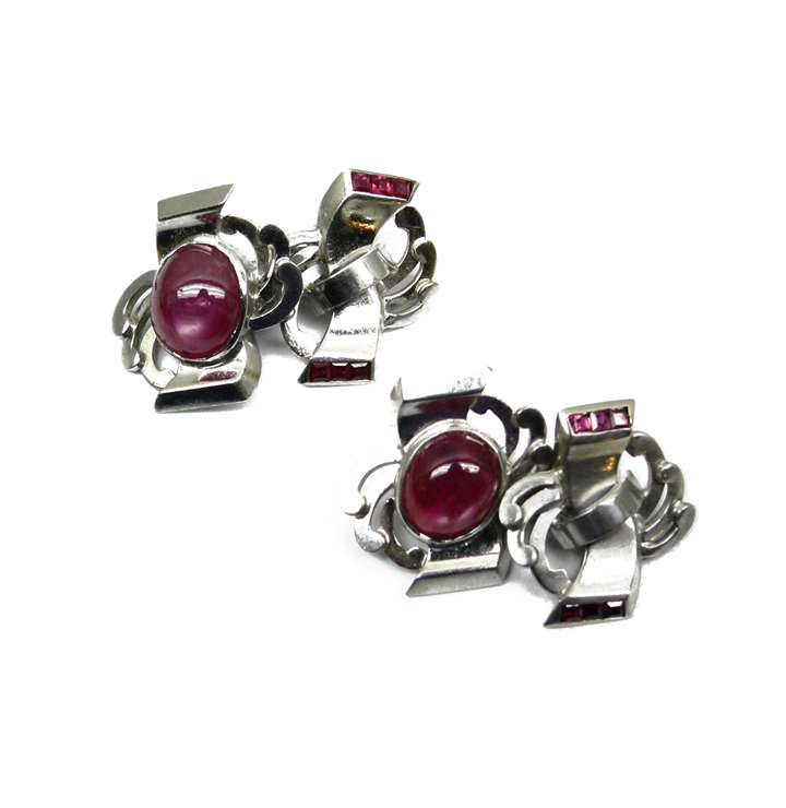Pair of cabochon ruby and platinum cufflinks